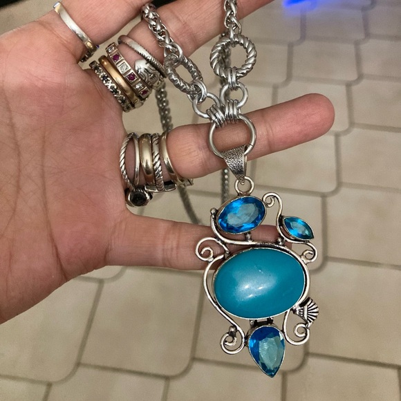 Blue topaz & blue agate turquoise color gemstone maille handmade boho necklace - Picture 15 of 15